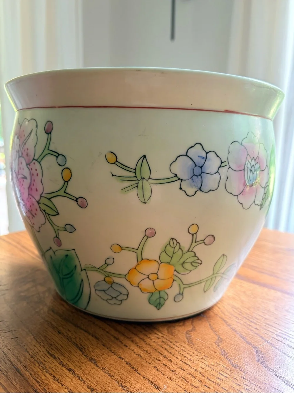 Grandmillenial Chinoiserie Floral Ceramic Planter - Pink & Green Peony Design